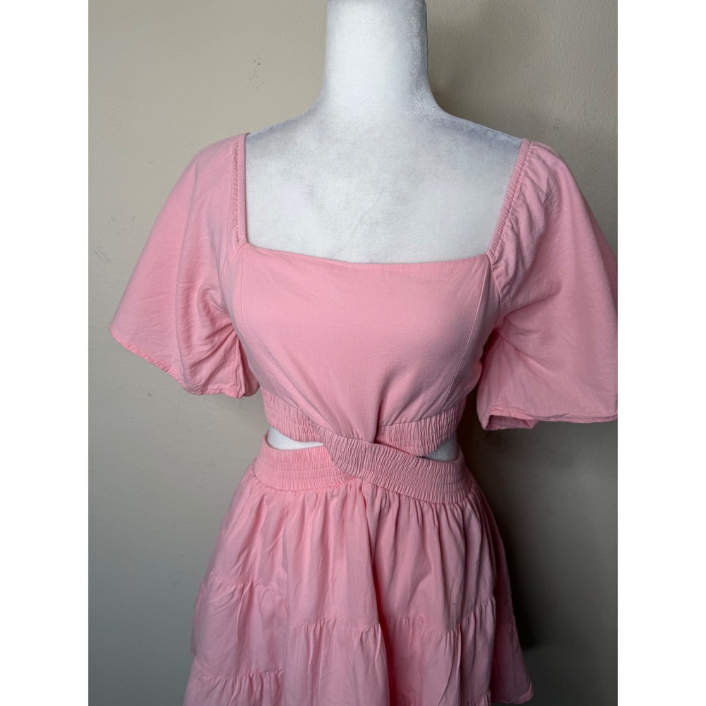 Senllen Pink Cutout Tiered Mini Dress Medium Cotton Summer Sun Dress Coquette‎ - Picture 8 of 12